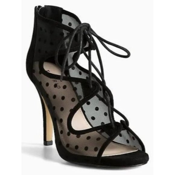 Torrid Women 8 WIDE Width Black Polka Dot Mesh Lace Up Open Toe Gothic Heels - Picture 1 of 10